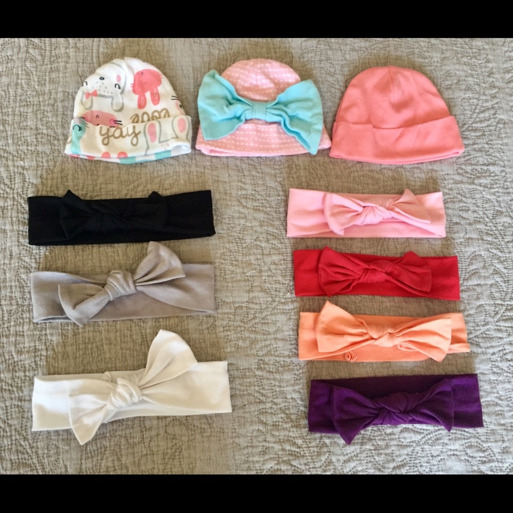 0-6 month baby girl hats and headbands bundle